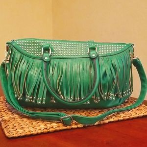 Boho western Kelly green soft vegan leather handbag purse fringe